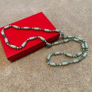 Green and White Cylinder and Round Bead 20" Necklace